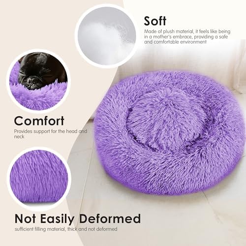 Dogs Bed for Small Dogs, Anti-Anxiety Washable Round Bed (24in Purple)