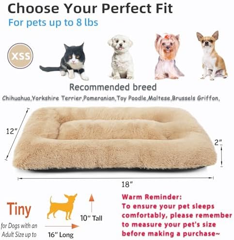 Dog Crate Bed 18 Inch Washable Dog Beds for XX-Small Dogs Deluxe Thick Soft Fluffy Comfy Kennel Pad Anti-Slip Indoor Pet Sleeping Mat for Extra Small Puppy Breeds,18" x 12",Light Brown