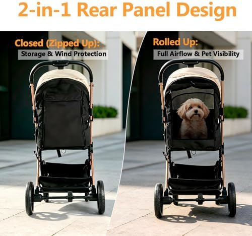 Pet Stroller for Small Medium Dogs and Cats, Lightweight Foldable Dog Stroller with Leashes,Spacious Storage, Cup Holder for Puppy Senior Pets Walking,Vet Visits(Khaki, Standard)