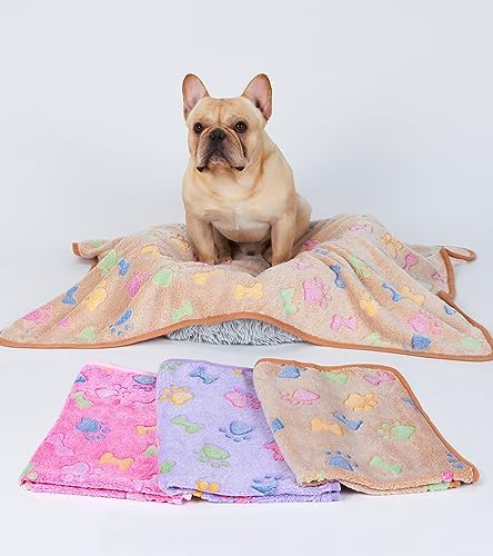 1 Pack 3 Blankets Super Soft Fluffy Cute Bone Pattern Pet Blanket Flannel Throw for Dog Puppy Cat Pink/Brown/Purple Small