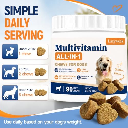 All-in-1 Dog Multivitamin Chewable Supplements & Vitamins with Glucosamine, Probiotics, Omega-3 for Itchy Skin, Hip Joint, Gut, Immune Support,Puppy & Senior – 90 Chews