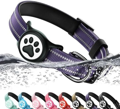 Premium Airtag Dog Collar，with IP68 Waterproof AirTag Holder,Purple,XS
