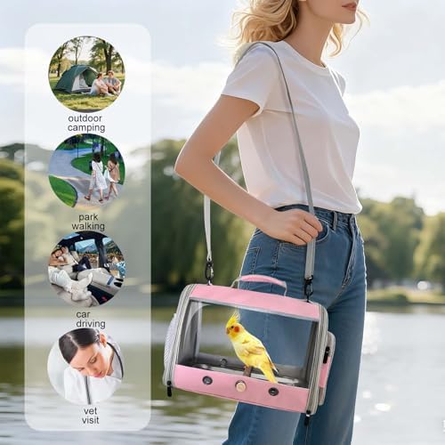 Bird Carrier, Portable Small Bird Parrot Parakeet Carrier with Standing Perch and Stainless Steel Tray, Side Access Window Collapsible (Pink, Cylinder Design - Clear)