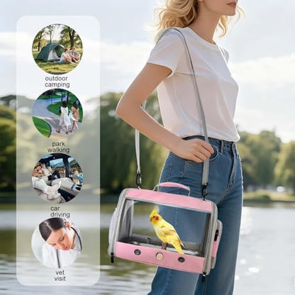 Bird Carrier, Portable Small Bird Parrot Parakeet Carrier with Standing Perch and Stainless Steel Tray, Side Access Window Collapsible (Pink, Cylinder Design - Clear)