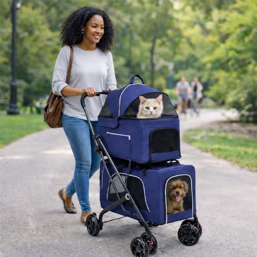 Petmolico Double Pet Stroller with 2 Detachable Carrier Bags, Blue