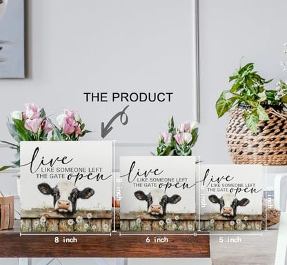 Cow Signs - Farm Cottagecore Animal Office Kitchen Bedroom Decor,Rustic Farmhouse Live like Someone Left the Gate Open Home Decor Wooden Signs,Cow Gifts for Women,8x8
