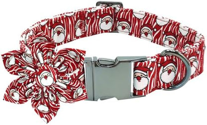 Dog Collar Christmas Holiday Santa Claus Print Pet Collar Soft Cute Dog Collars with Flower Adjustable Metal Buckle Collar for Medium Dogs