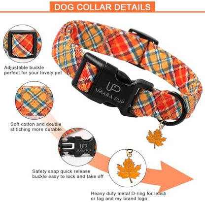 Autumn Plaid Dog Collar – Adjustable Orange Tartan Dog Collar with Fall Leaf Charm, Cozy Fall Vibes Orange Yellow Grid Puppy Collars for Small/Medium/Large Dogs