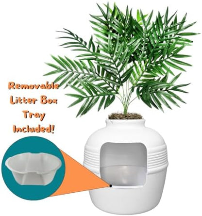 Good Pet Stuff Original Hidden Litter Box Planter, Decorative Cat Litter Enclosure, Carbon Filter, Faux Plant, Easy to Clean, Round Design, Removable Tray, Essentials Kit, Palm Plant, Soft White