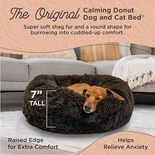Best Friends by Sheri The Original Calming Donut Dog Bed for Small Dogs up to 25 lbs, Shag Faux Fur, Dark Chocolate, 23" x 23"