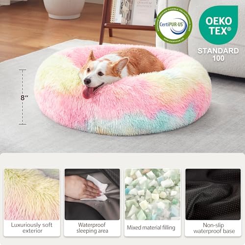 Donut Dog Bed Medium Size Dog, Round Cat Beds for Small Medium Dogs and Cats with Washable Fluffy Faux Fur, Cute Comfort Pet Bed with Anti-Slip Bottom, Rainbow, 30"