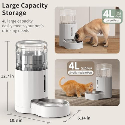 JUNSPOW Cat Water Dispenser with Filter and Stainless Steel Bowl (4L White)