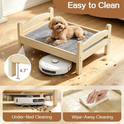 Elevated Dog Bed with Mat for Small Dogs,Solid Wood,Spine-Friendly Design