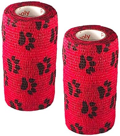 2 Pack Premium Vet Wrap - Self Adhesive Bandage Wrap & Athletic Tape - 4" x 5 Yards Elastic & Self-Sticking Cohesive Bandage for Pets, Sports, Wrists & Ankles - Red with Paws by Prairie Horse Supply