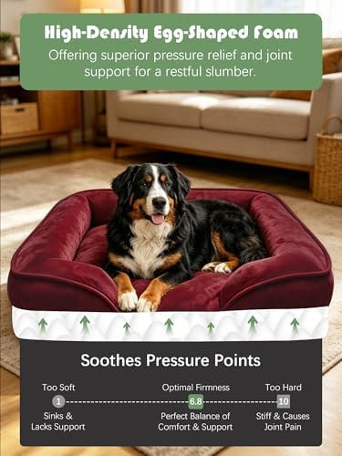 Spotted Play Orthopedic Dog Bed with Sides - Sofa Beds for Extra Large Dogs, Supportive Foam Pet Couch Bed with Washable Removable Cover, Waterproof Lining and Non-Slip Bottom, Burgundy - XL-Plus