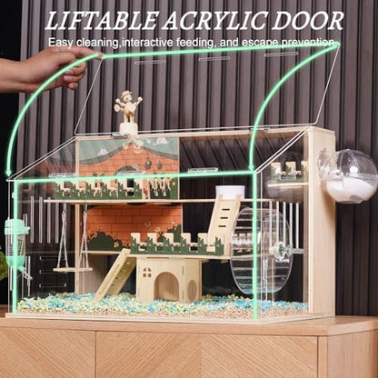 12 in 1 Large Wooden Hamster Cage with All Accessories, 24"*15.8"*15.8" 3-Layer Dwarf Hamster Cage Acrylic,Pastoral Style Mouse Cage for Pet Mice, Hedgehog, with Stairs, Fences and House