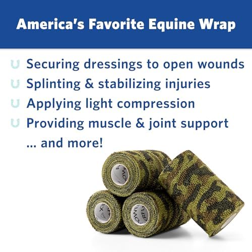 OVIK Health PowerFlex Equine – Extra Strong Self-Adhering Bandage Wrap – Wound Care, Compression & Support Bandage for Horses, Cows & Dogs – Woodland Camo, 4 inch, 4 Rolls (Resealable Case)