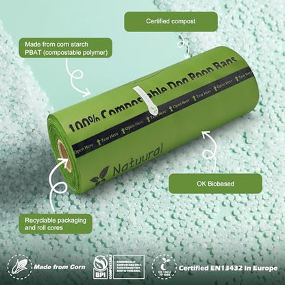 Compostable Dog Poop Bags-300 Bags 1Rolls, (Unscented)