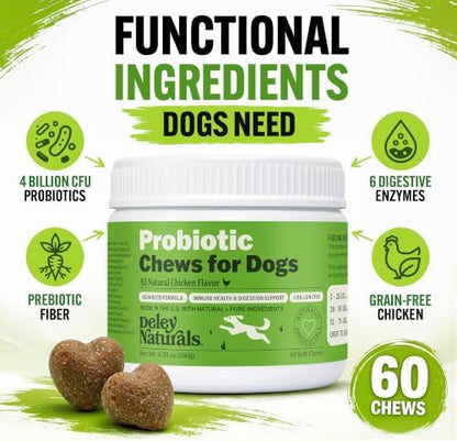 Deley Naturals Dog Probiotics Chews - 4 Billion CFU Dog Probiotics, Prebiotics, Enzymes for Digestion & Gut Health - Smaller Soft Chews, Lower Calories, Same Active Ingredients - USA Made - 60 Count