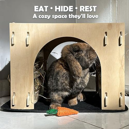 Kiwi&Mora Wooden Bunny Hideout – Large Indoor Rabbit House with Hay Feeder