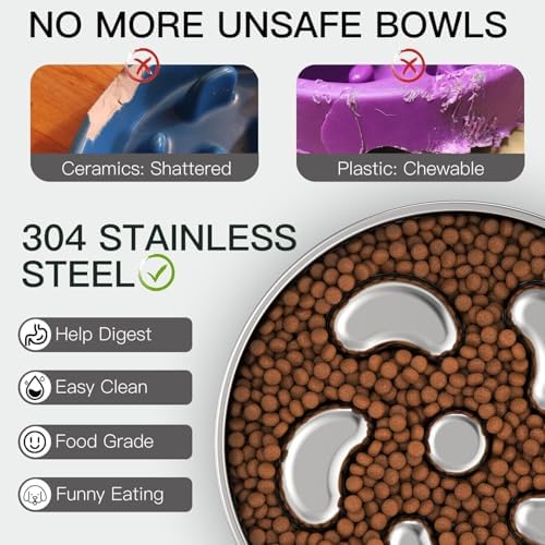 Feedoo Slow Feeder Dog Bowl-2Cups for Medium Breeds, Double-Layer Stainless Steel, Heavy-Duty with Non-Slip Rubber Base, Puzzle Maze Bowl to Slow Down Eating [2Pack]