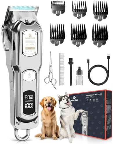 M&M STAR Dog Clippers for Grooming Thick Heavy Coats, All-Metal Body Low Noise Cordless Rechargeable Dog Hair Trimmer, Stainless Steel Blade, Professional Pet Grooming Kit for Dogs & Cats (Silver)