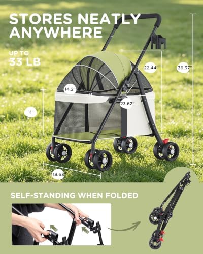 GTPLAYER Foldable Pet Stroller for Small Dogs & Cats up to 33 lbs, Pet Stroller with 360° Swivel Lockable Front Wheels, Rear Brakes, Safety Tethers, Breathable Mesh, Cup Holder, Lime Green