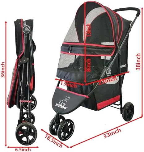 ROODO Escort 3 Wheel Dog Cat Pet Stroller for Small/Medium Dogs Cats Best Lightweight Foldable Portable Compact Jogger Travel All Terrain Pet Gear System Puppy Doggie Bunny Kitty Stroller(Black)