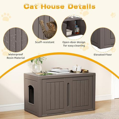 Cat Litter Box Enclosure, Multi-Functional Hidden Enclosed Litter Box Furniture with Adjustable Partition, Indoor Outdoor Cat House Weatherproof, Side Table, Easy to Clean & Assemble, Grey