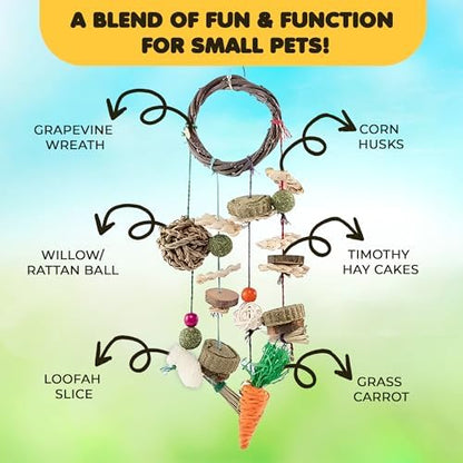 SunGrow Cage Hanging Rabbit Chew Toy, Handwoven Space-Saving Enclosure Accessory, Wooden Discs, Loofah Slices, Grass Ball & Compressed Hay, for Bunnies, Guinea Pigs, and Chinchillas, 17” x 7”, 1 Set 