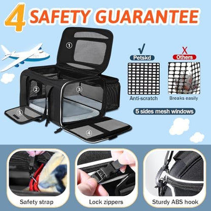 Petskd Top and Side Expandable Small Pet Carrier Airline Approved, Black