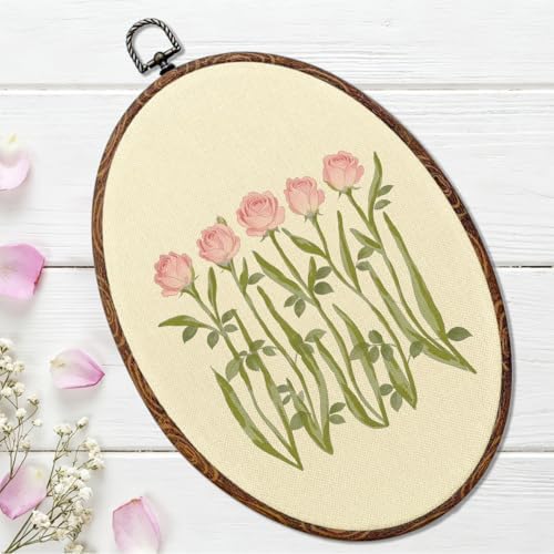 Pink & Green Rose Oval Framed Wall Art, Floral Botanical Canvas Art Wall Decor，Modern Southern Hanging Decor Painting Artwork for Home Office Kitchen Living Room Girls Room Decorations 8.3x12inch