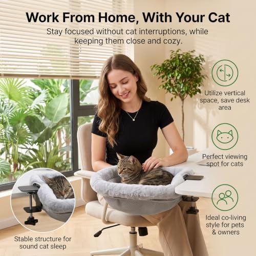 SWIND Cat Desk Bed - Ultra Soft Faux Rabbit Plush Sunken Cat Bed for Desk, Space-Saving Semi-Circular Cat Hammock for Gaming & Home Desks, Holds Up to 50 Lbs