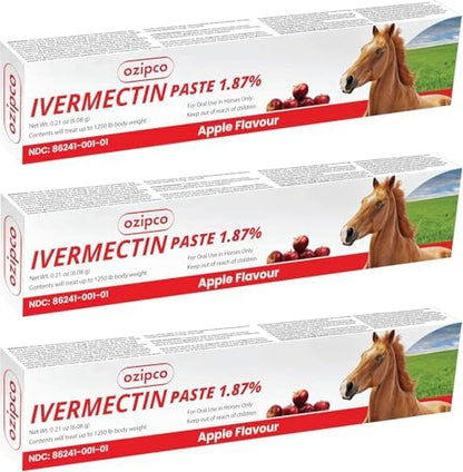 Ivermectin Horse Paste 1.87% | Apple Flavor – 6.08g Syringe for Equine Use Only Up to 1250 LB (3-Pack)