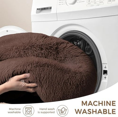 Calming Round Dog Bed & Cat Bed with Anti-Slip Bottom, Medium Size Washable Anti-Anxiety Donut Dog Beds for Small Dogs & Cats, Fluffy Plush Soft Dog Bed(24 Inch, Dark Brown)