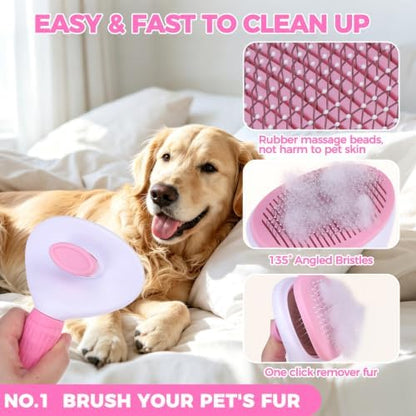 PAWCHIE Bath Grooming Kit for Pets, 9 PCS Hair Brush Set with Towel,Washing Gloves,Bath Brush and Adjustable Handle Shampoo Brush & Scrubber for Short Long Haired Dogs and Cats,Dog Bath Supplies, Pink