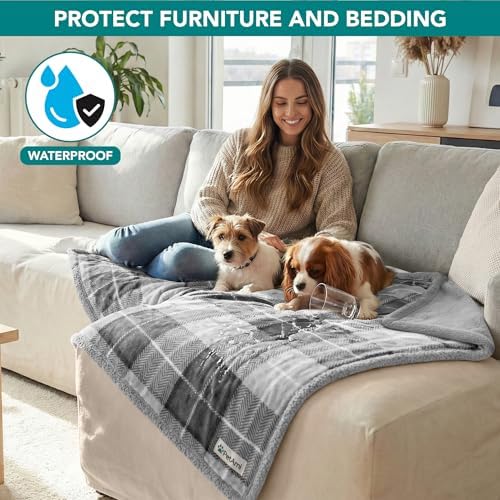 PetAmi Waterproof Dog Blanket for Large Pet Cat, 60x80, Plaid Light Grey