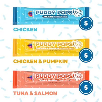 Bundle of Weruva Puddy Pops Lickable Cat Treats in 3 flavors, Chicken, Tuna & Salmon, and Chicken & Pumpkin
