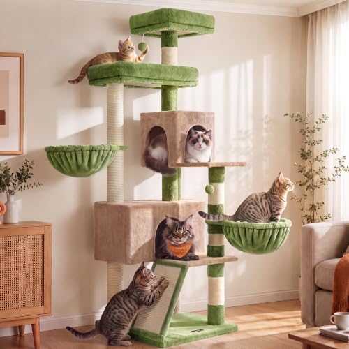 Feandrea Cat Tree, 68.5-in Tall Cat Tower, Multi-Level Condo, Green