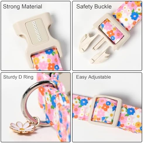 DOGWONG Pink Floral Dog Collar, Spring Summer Pretty Cute Girl Dog Collar,Girl Female Dogs Collars for Small Medium Dogs, Neck 14-21 inches