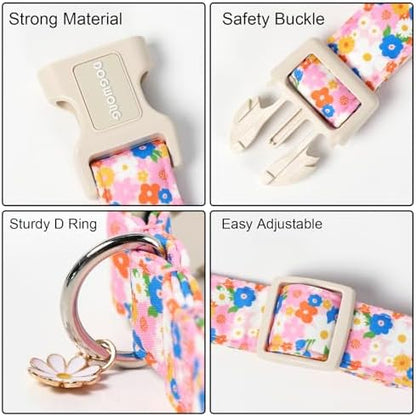 DOGWONG Pink Floral Dog Collar, Spring Summer Pretty Cute Girl Dog Collar,Girl Female Dogs Collars for Small Medium Dogs, Neck 14-21 inches