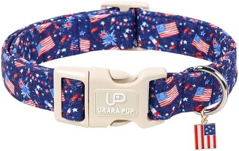 American Flag Dog Collar, 4th of July Cotton Patriotic Pet Collar, Adjustable Durable Quick Release Buckle with Charm for Small Medium Large Dogs