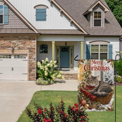 Merry Christmas House Flag 28x40 Inch Tabby Cat Wicker Basket Red Bow Holly Ornament Snowy Vintage Cottage Outdoor Yard Lawn Front Porch Welcome Double Sided Banner Decor