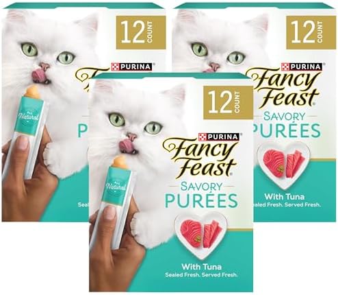 Fancy Feast Purina Squeezable Cat Treats Tube, Savory Puree Naturals with Natural Tuna in a Demi-Glace - 0.35 Ounce (Pack of 36)