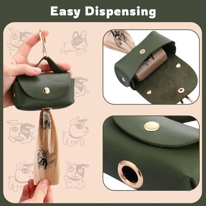 Affrolling 5 Pcs Leather Dog Poop Bag Holder Christmas Include 45 Scented Poop Bags Dispenser Cute for Travel Walking Dog Park and Outdoor Use(Dark Green)