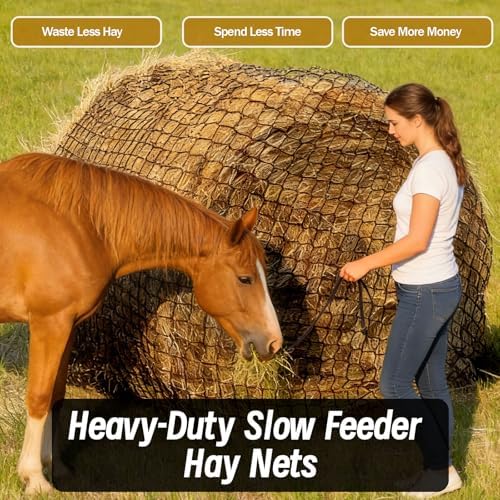 Heavy Duty Slow Feed Hay Net for Horses, 6x6x6 Ft Round Bale Hay Feeder Net