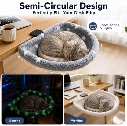 Cat Desk Bed with 2 Covers - Glow in the Dark Plush & Breathable Mesh, Foldable Cat Hammock Perch with Larger Contact Clamp, Removable Washable Covers, Metal Frame, Grey, 50 lb Weight Capacity