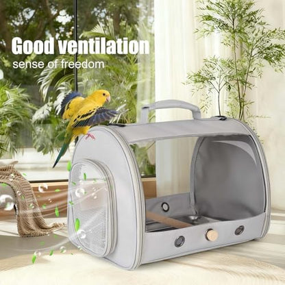 Bird Carrier, Portable Small Bird Parrot Parakeet Carrier with Standing Perch and Stainless Steel Tray, Side Access Window Collapsible (Grey, Cylinder Design - Clear)