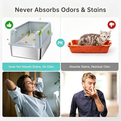 WoofiGo XL Stainless Steel Litter Box, High Sided Litter Pan for Big Cats