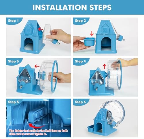 Vannon 4 in 1 Quiet Hamster Exercise Wheel, Multi Functional Hamster House with Running Wheel, Water Bottle, Food Bowl and Hideout, Small Animals Exercise Running Toys for Hamsters Gerbils Mice, Blue